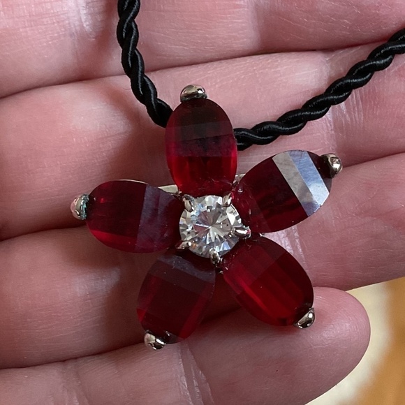 Sterling Silver 925 Red/White Crystals with silk cord necklace New - Picture 2 of 10